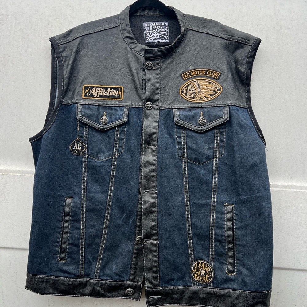 Rare Vintage Affliction Men's Black and Blue Denim Vest